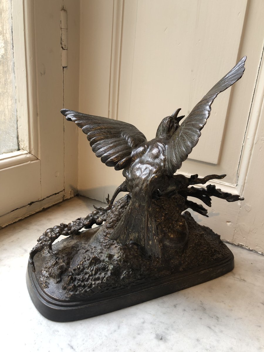 Bronze Animal Sculpture Of A Bird On A Branch - Ferdinand Pautrot (1832–1874)-photo-2