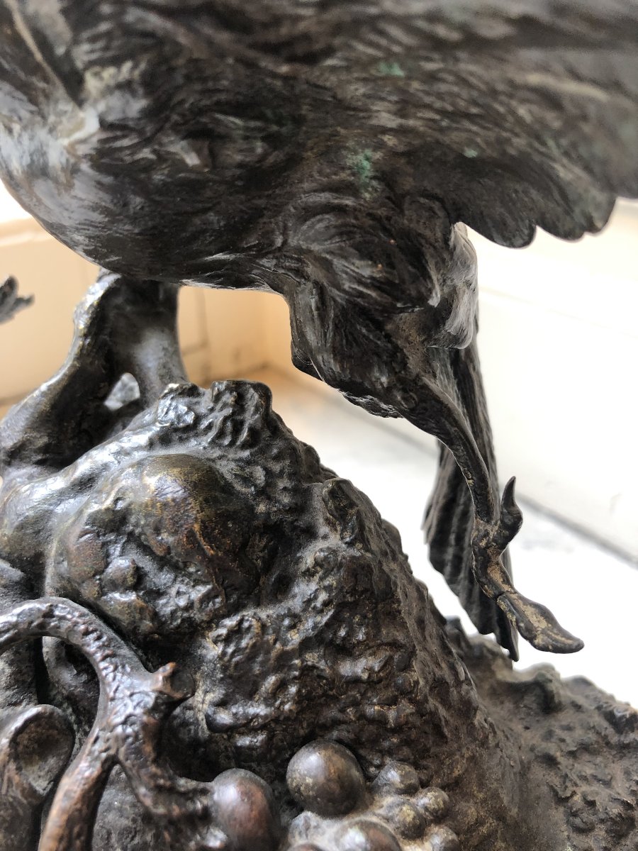 Bronze Animal Sculpture Of A Bird On A Branch - Ferdinand Pautrot (1832–1874)-photo-3