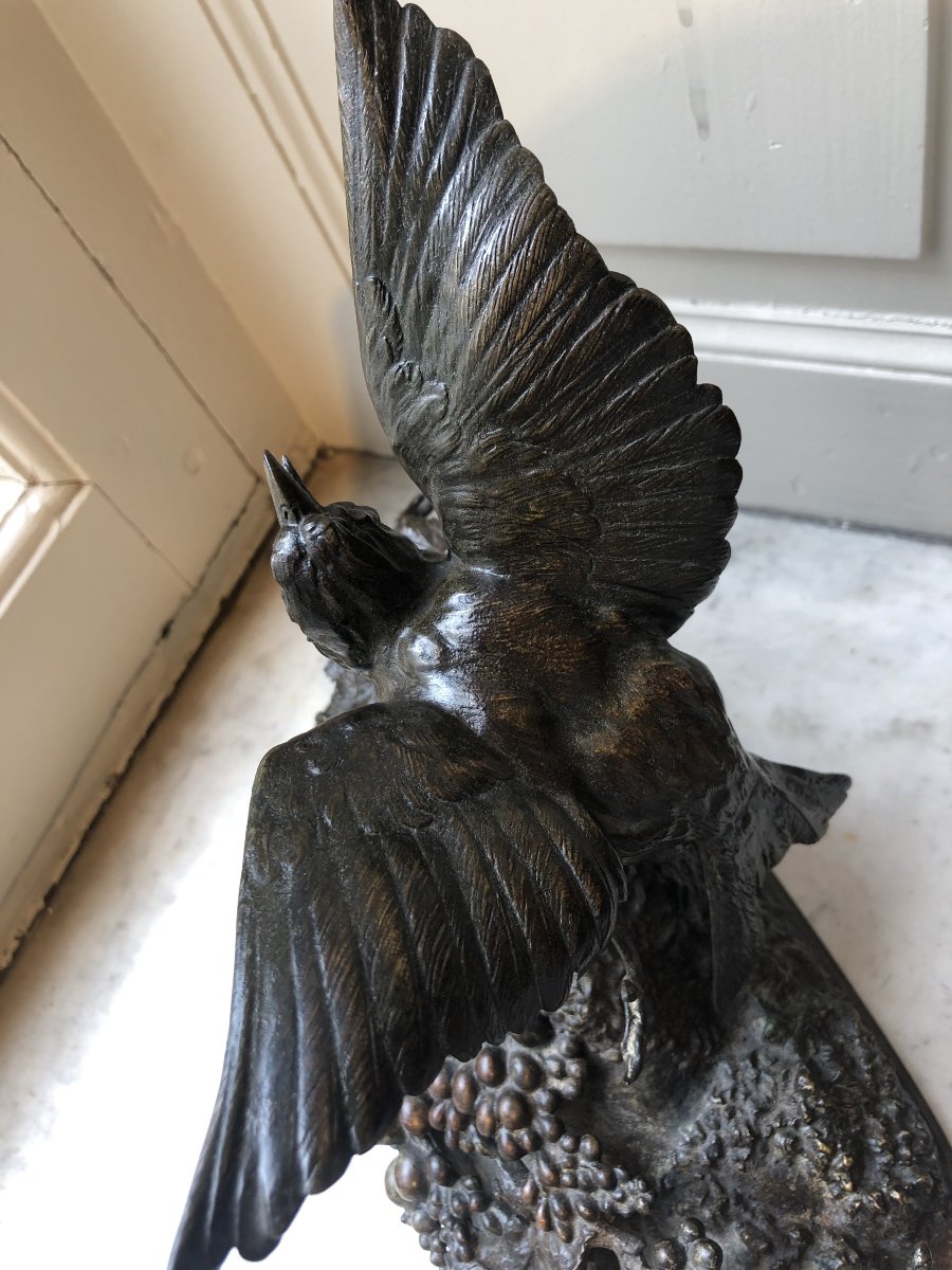 Bronze Animal Sculpture Of A Bird On A Branch - Ferdinand Pautrot (1832–1874)-photo-4