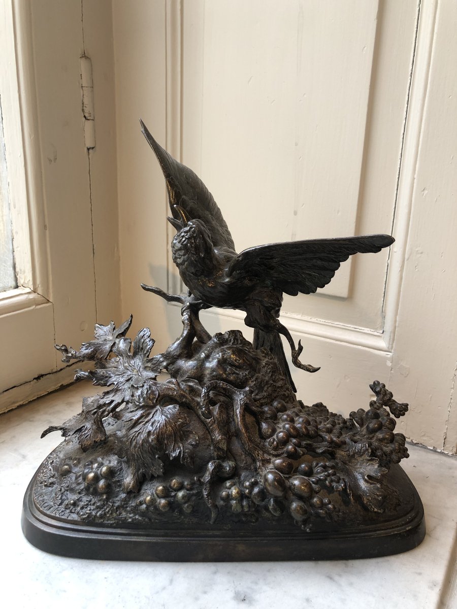Bronze Animal Sculpture Of A Bird On A Branch - Ferdinand Pautrot (1832–1874)