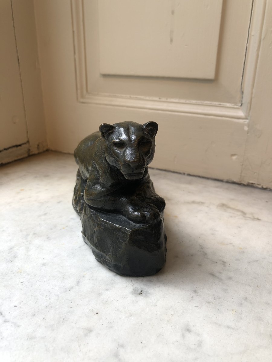 Bronze animalier d'Antoine-Louis Barye, lionne au repos-photo-2