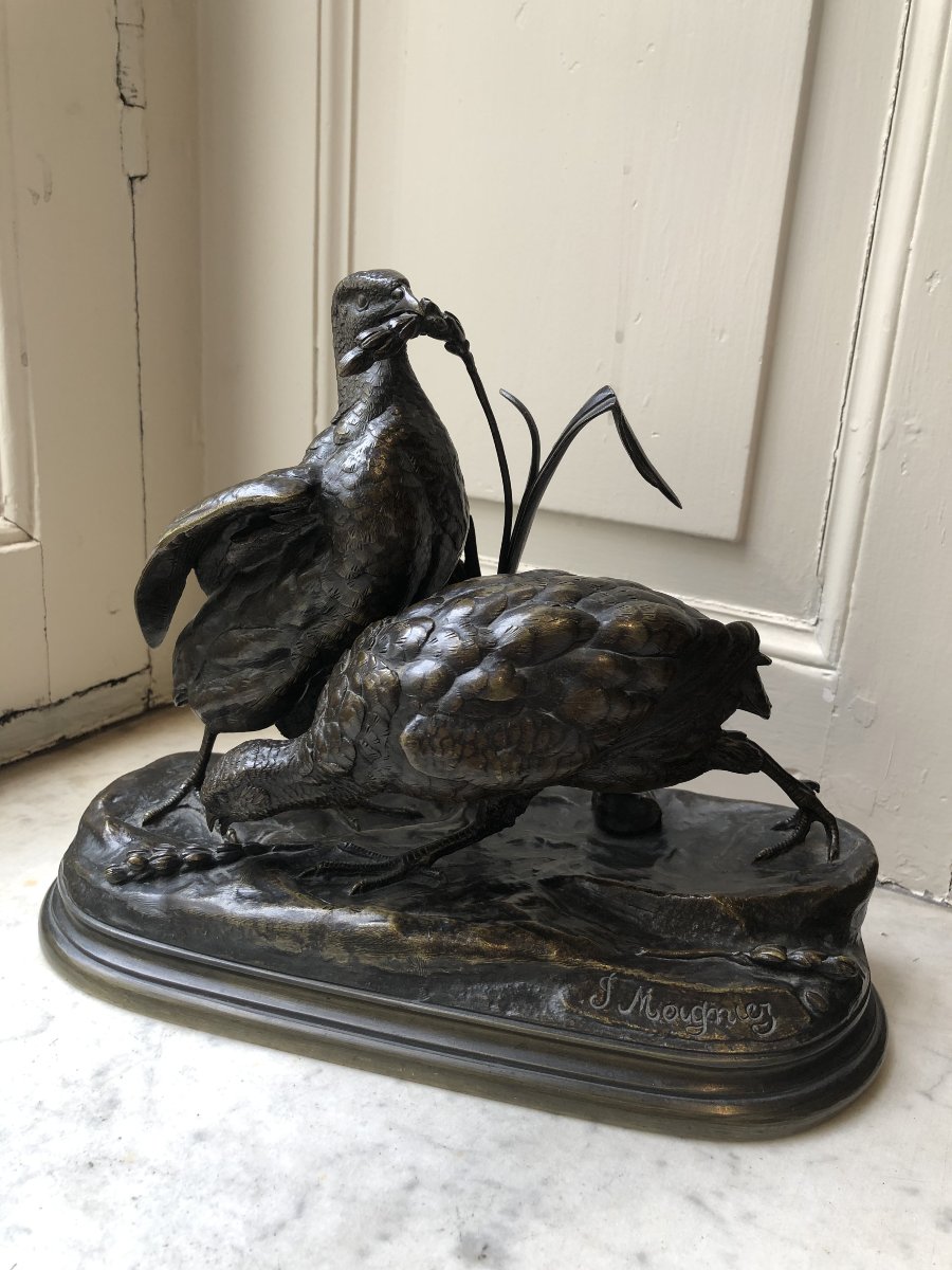 Bronze animalier duo de perdrix dans les hautes herbes, Jules Moigniez (1835-1894)-photo-4