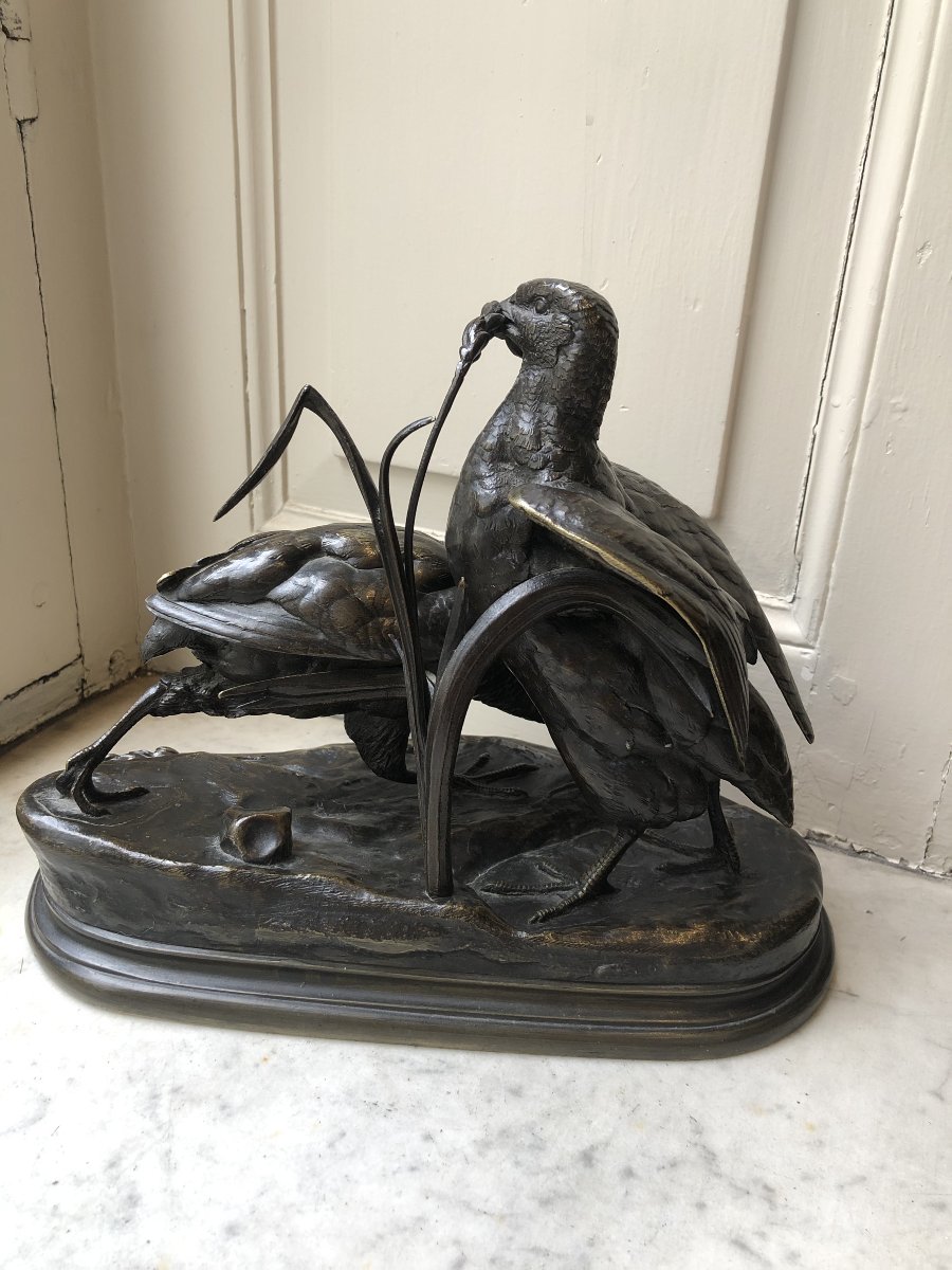 Bronze animalier duo de perdrix dans les hautes herbes, Jules Moigniez (1835-1894)-photo-2