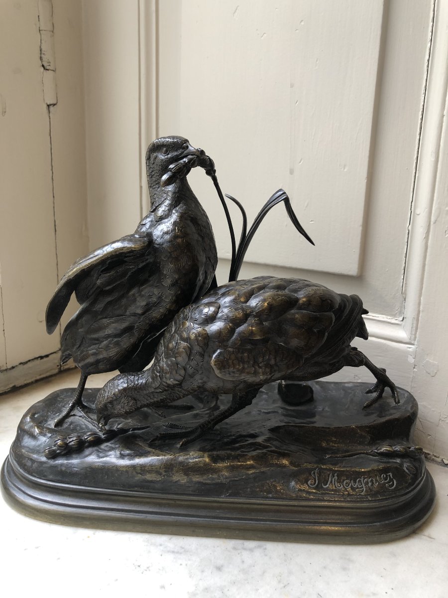 Bronze animalier duo de perdrix dans les hautes herbes, Jules Moigniez (1835-1894)-photo-3