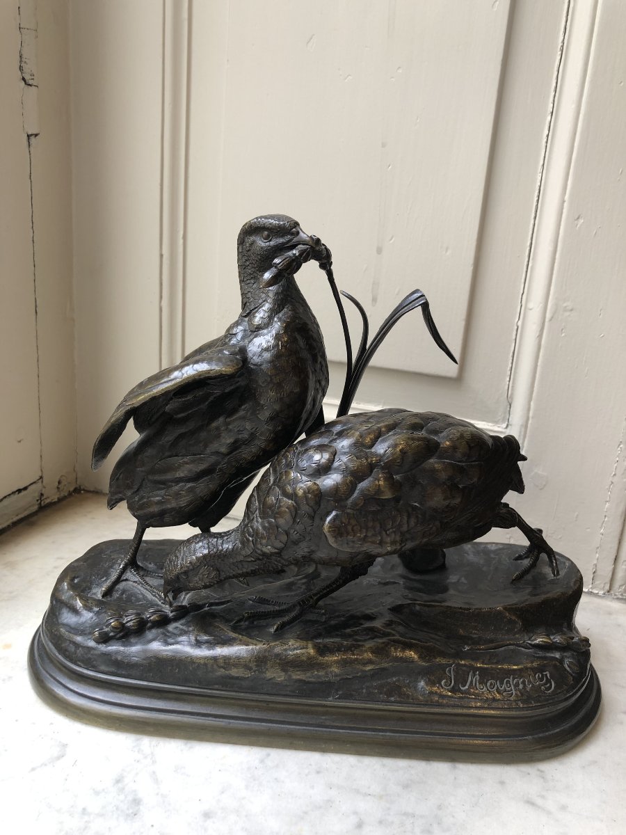 Bronze animalier duo de perdrix dans les hautes herbes, Jules Moigniez (1835-1894)