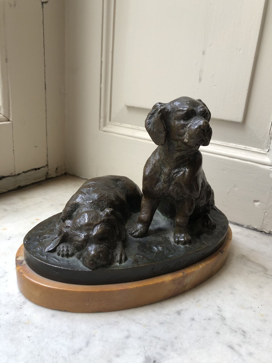 "at Six Weeks"—two Bronze Dogs On A Yellow Stone Pedestal—laurent Atthalin (1818–1893)-photo-2