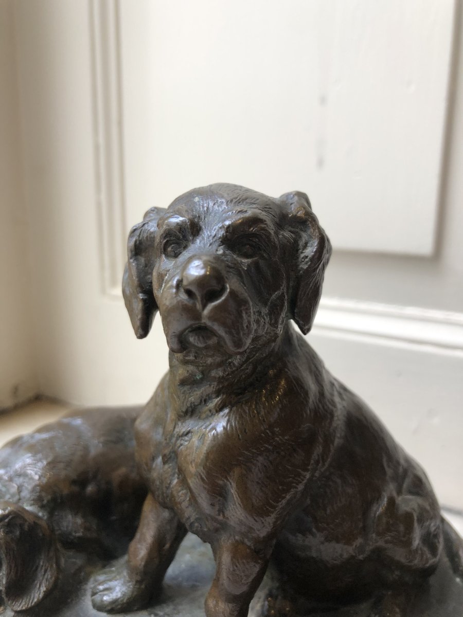 "at Six Weeks"—two Bronze Dogs On A Yellow Stone Pedestal—laurent Atthalin (1818–1893)-photo-1