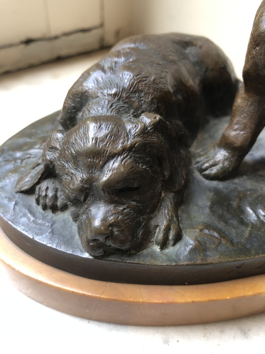 "at Six Weeks"—two Bronze Dogs On A Yellow Stone Pedestal—laurent Atthalin (1818–1893)-photo-2