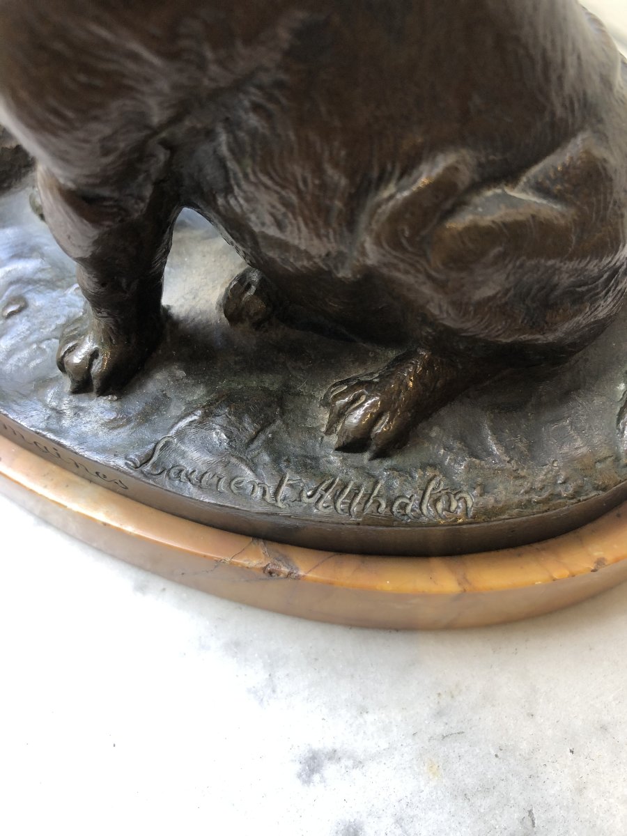 "at Six Weeks"—two Bronze Dogs On A Yellow Stone Pedestal—laurent Atthalin (1818–1893)-photo-3