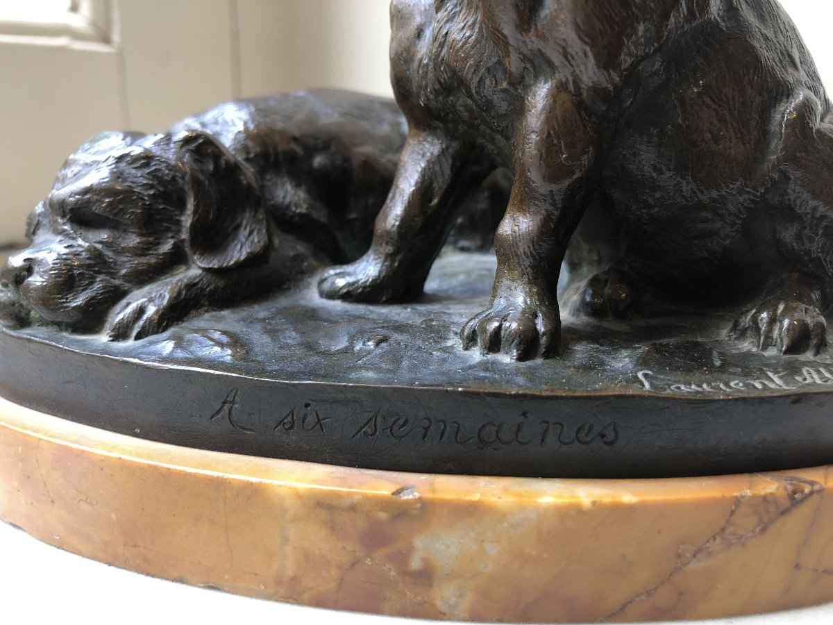 "at Six Weeks"—two Bronze Dogs On A Yellow Stone Pedestal—laurent Atthalin (1818–1893)-photo-4