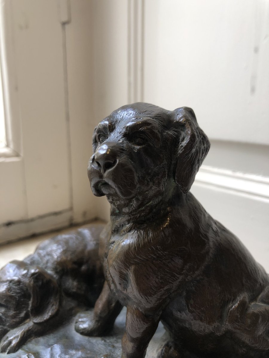 "at Six Weeks"—two Bronze Dogs On A Yellow Stone Pedestal—laurent Atthalin (1818–1893)-photo-5