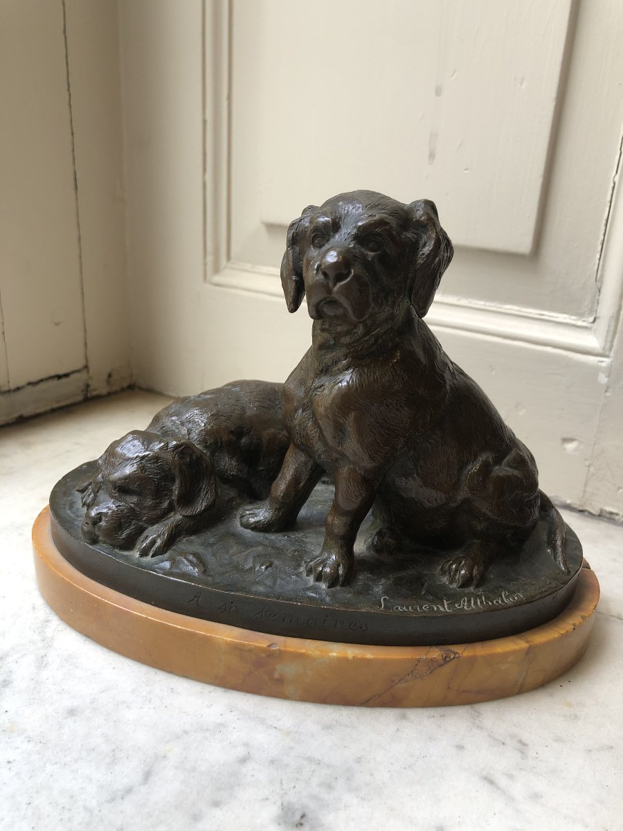 "at Six Weeks"—two Bronze Dogs On A Yellow Stone Pedestal—laurent Atthalin (1818–1893)