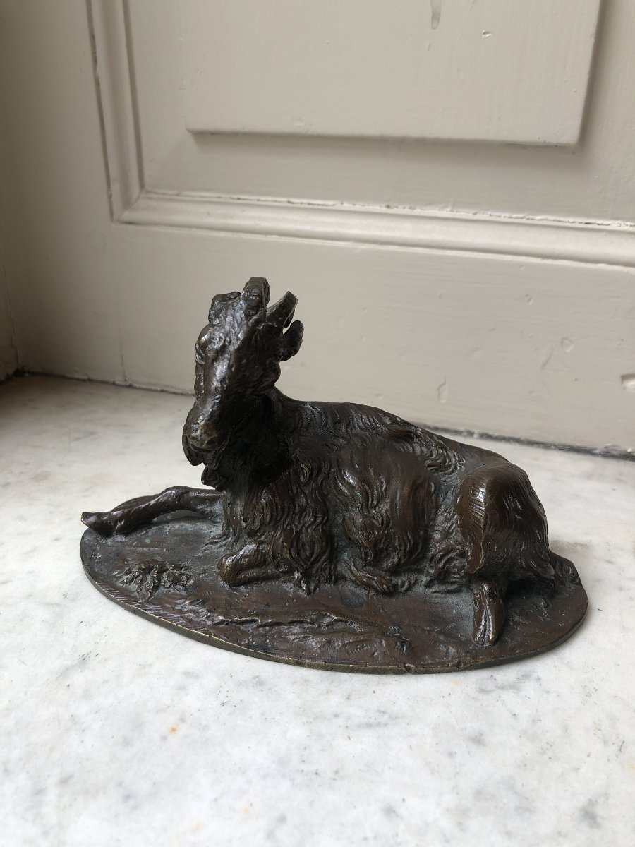 Petit bronze animalier d'un bouc couché-photo-4