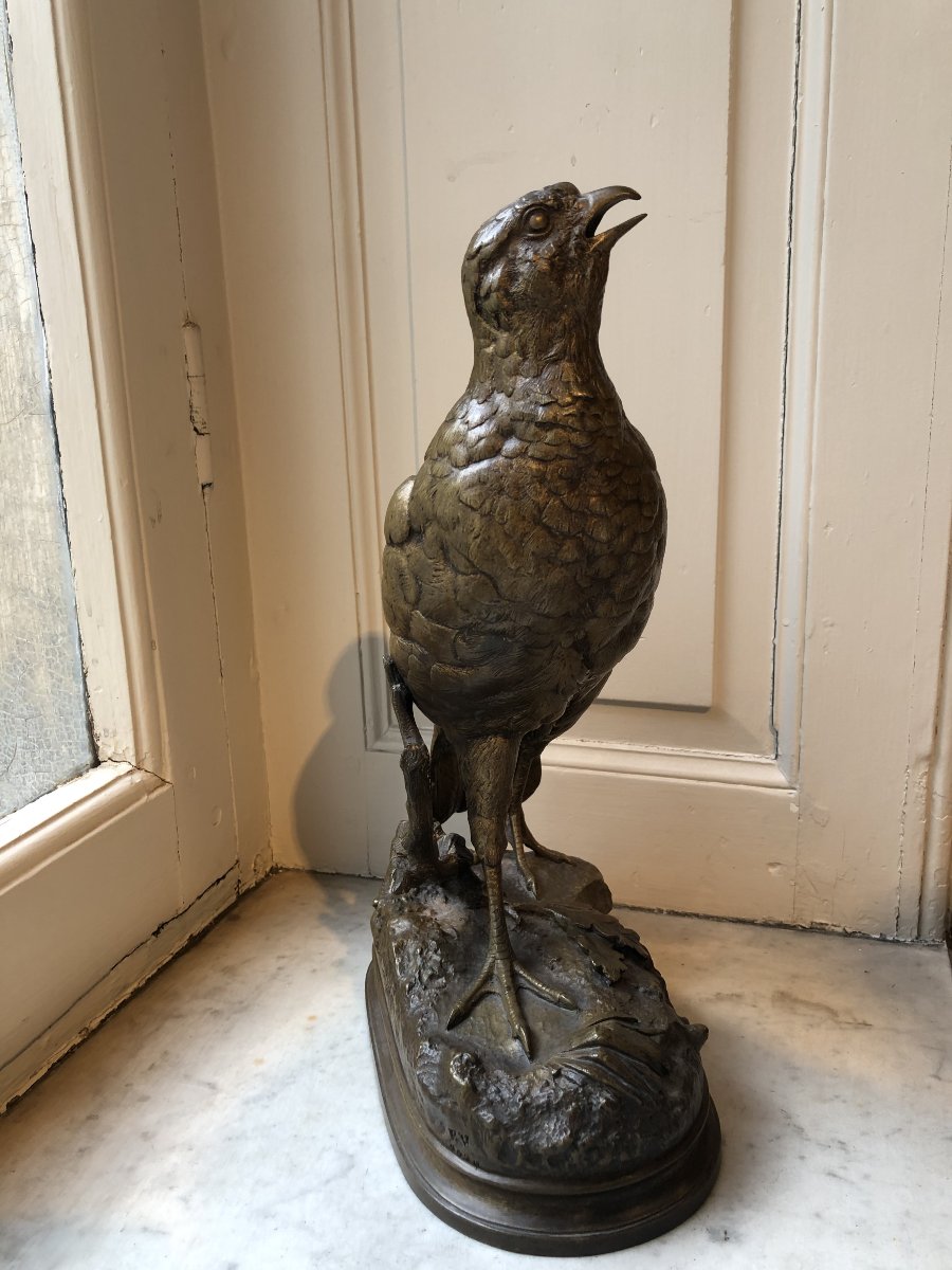 Bronze Animal Sculpture Of A Partridge With Its Beak Open, By Alfred Dubucand (1828–1894)-photo-3