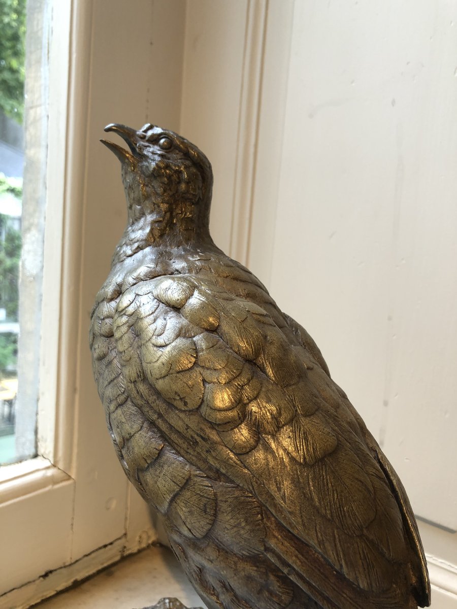 Bronze Animal Sculpture Of A Partridge With Its Beak Open, By Alfred Dubucand (1828–1894)-photo-4