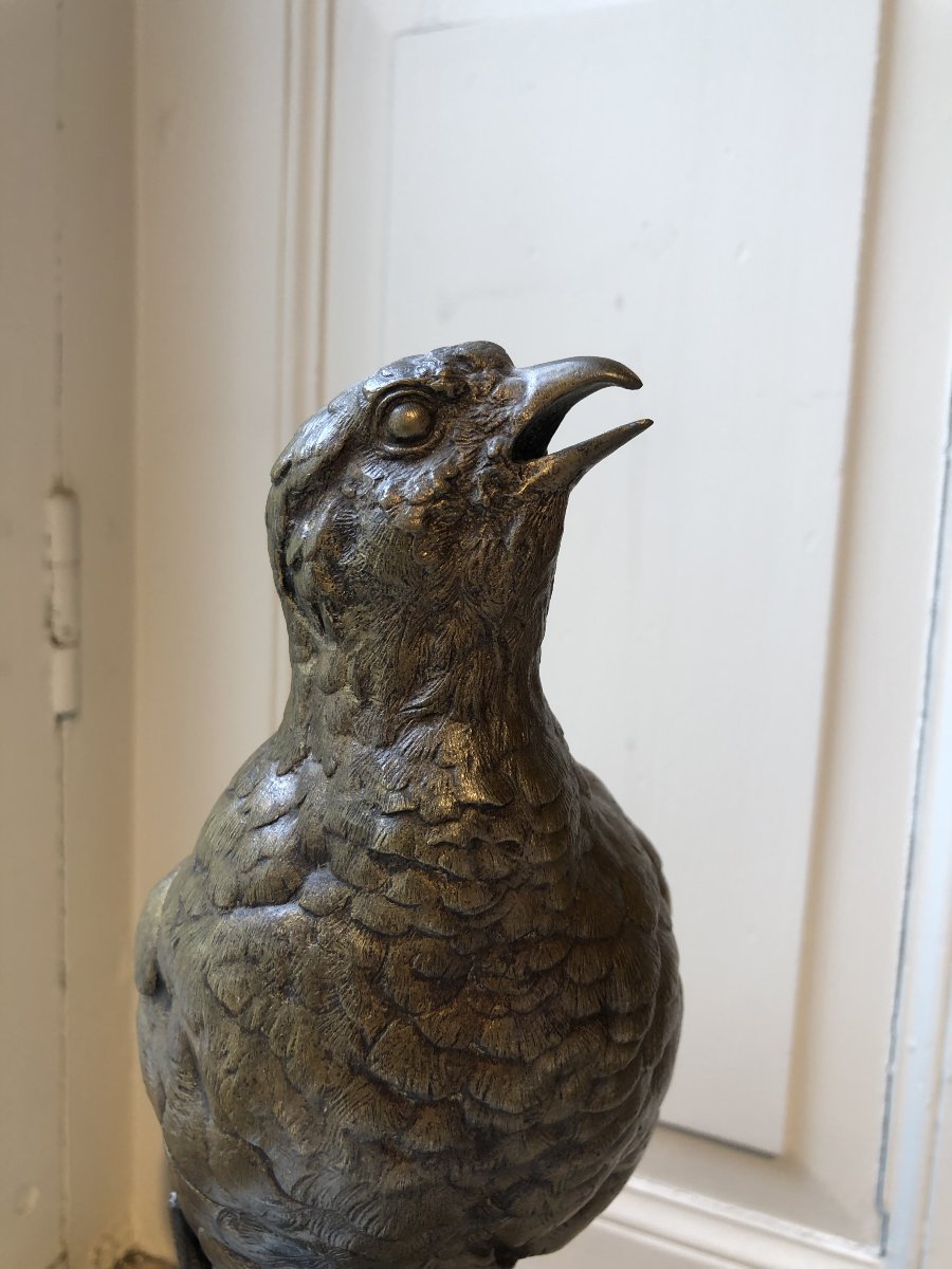 Bronze Animal Sculpture Of A Partridge With Its Beak Open, By Alfred Dubucand (1828–1894)-photo-1