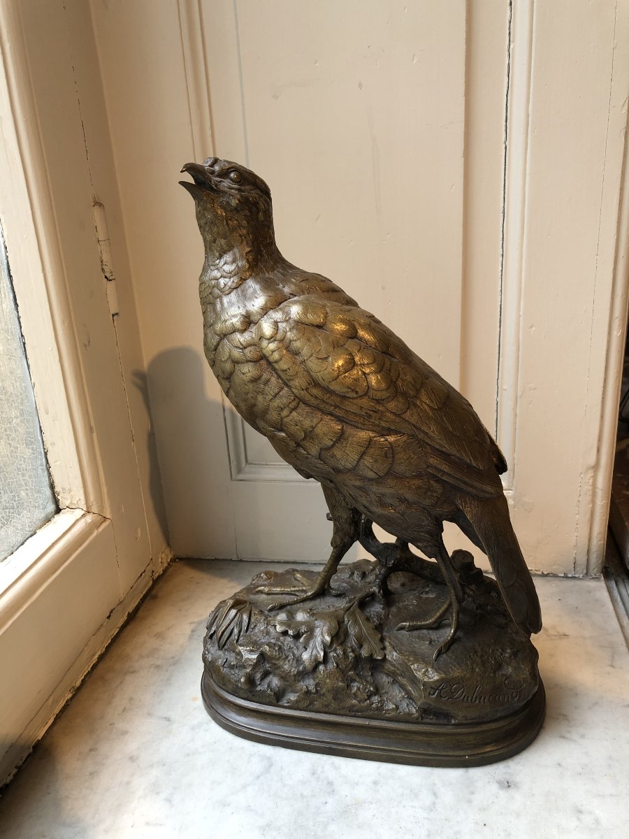 Bronze Animal Sculpture Of A Partridge With Its Beak Open, By Alfred Dubucand (1828–1894)