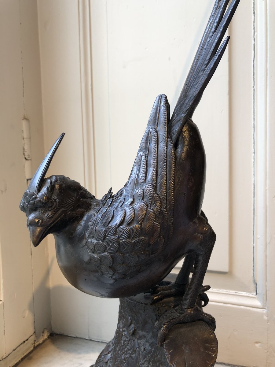Pheasant On A Pedestal, Antique Bronze-photo-2
