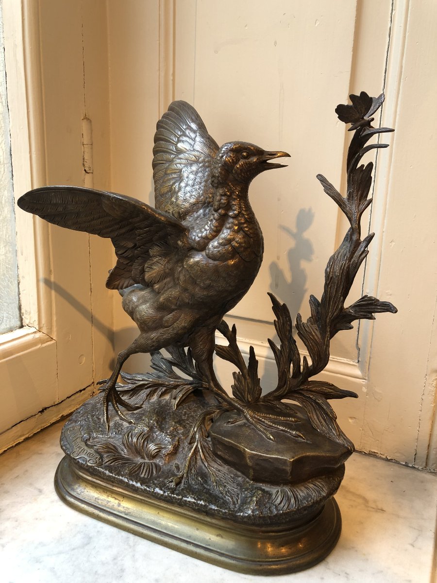 Bronze Partridge With Outstretched Wings And A Butterfly, By Jules Moigniez (1835–1894)