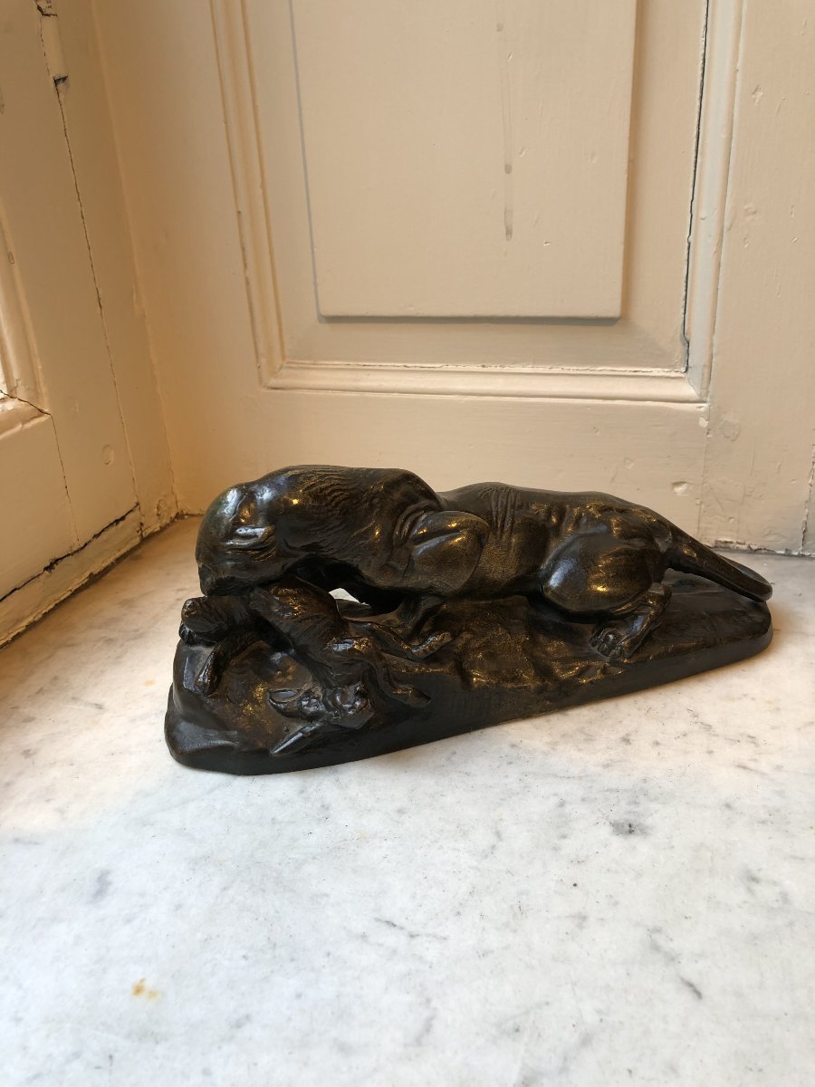 Antoine-louis Barye (1795–1875), Bronze Animal Sculpture Depicting A Leopard And A Hare-photo-2