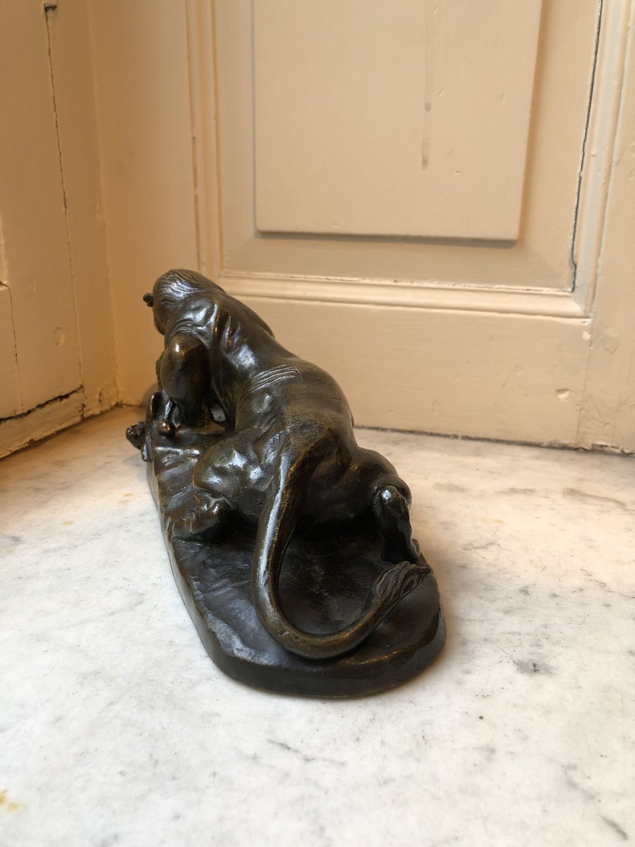 Antoine-louis Barye (1795–1875), Bronze Animal Sculpture Depicting A Leopard And A Hare-photo-3
