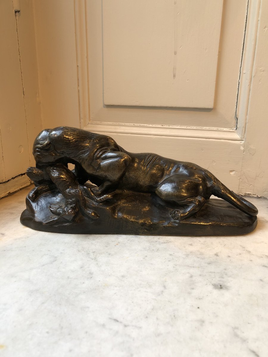 Antoine-louis Barye (1795–1875), Bronze Animal Sculpture Depicting A Leopard And A Hare-photo-1