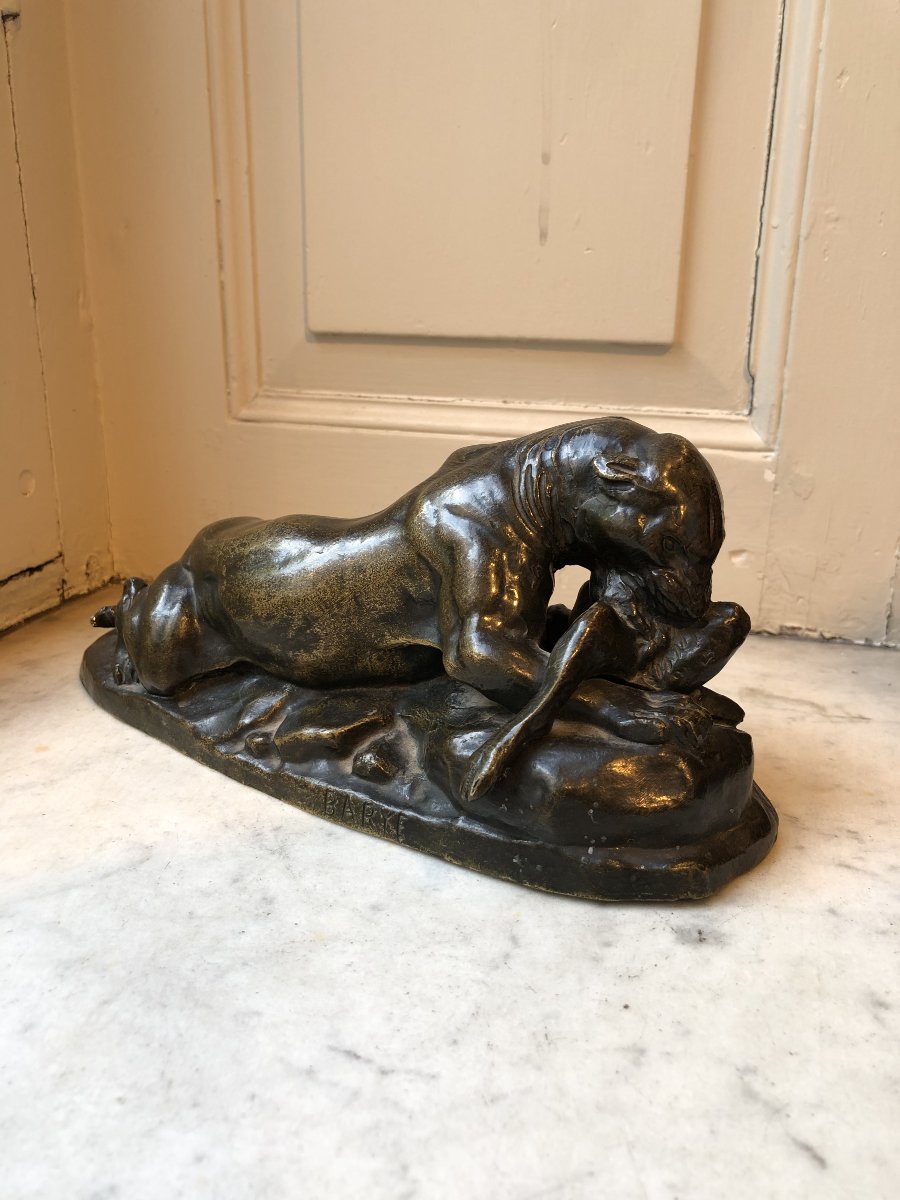 Antoine-louis Barye (1795–1875), Bronze Animal Sculpture Depicting A Leopard And A Hare-photo-2