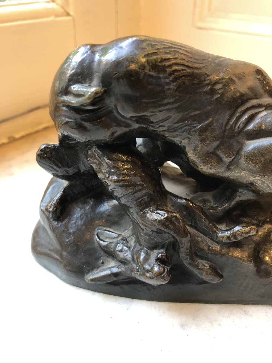 Antoine-louis Barye (1795–1875), Bronze Animal Sculpture Depicting A Leopard And A Hare-photo-3