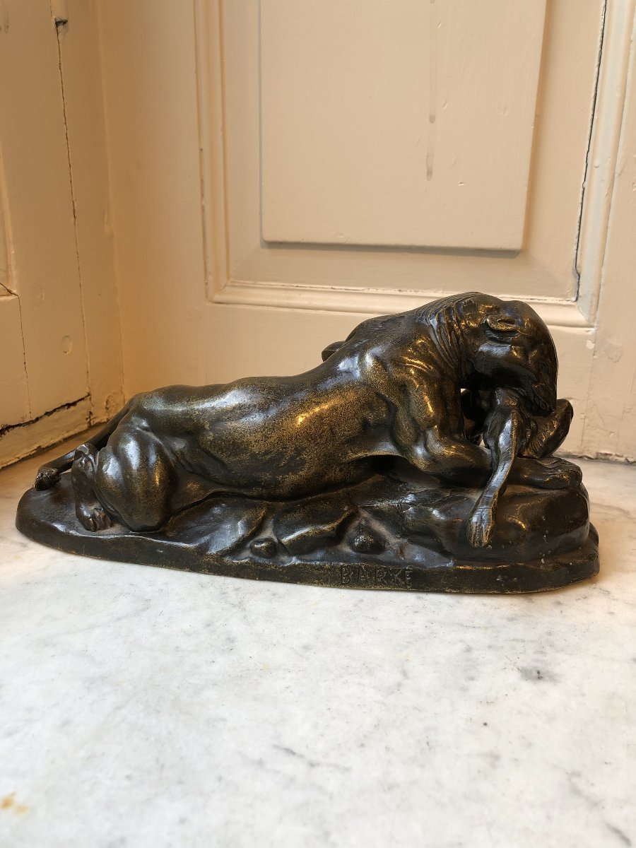Antoine-louis Barye (1795–1875), Bronze Animal Sculpture Depicting A Leopard And A Hare