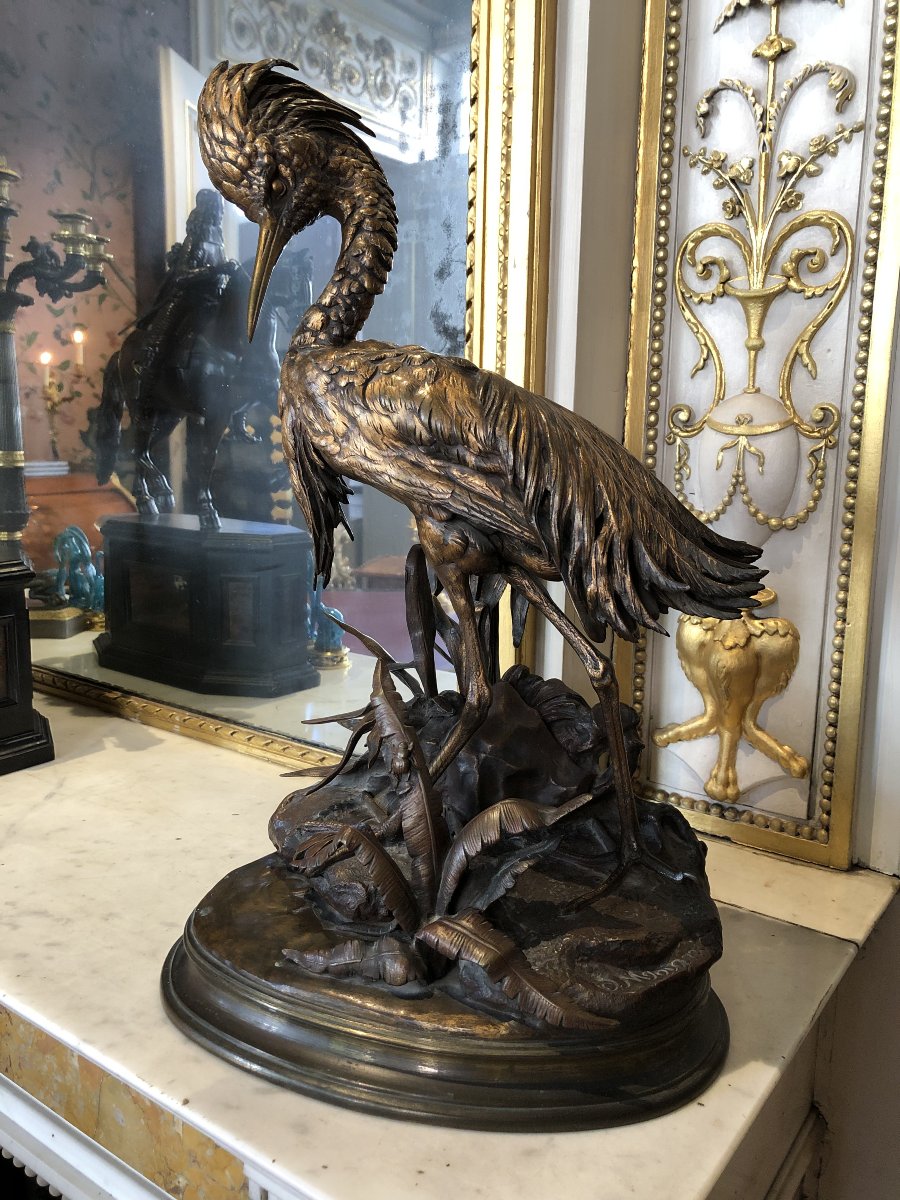 Grand bronze animalier d'un grèbe huppé de Jules Moigniez (1835-1894)-photo-2