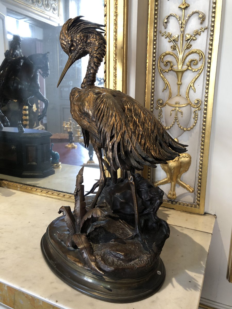 Grand bronze animalier d'un grèbe huppé de Jules Moigniez (1835-1894)-photo-3