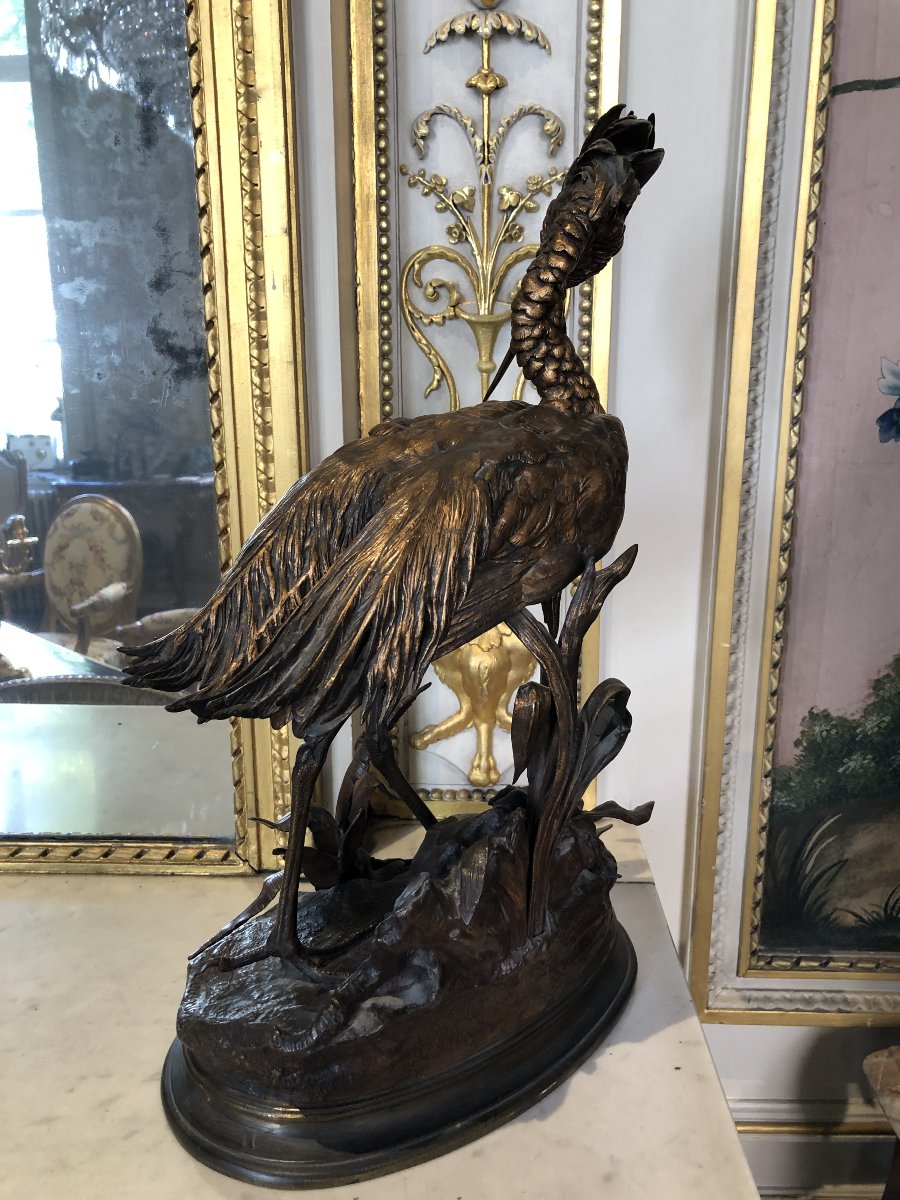 Grand bronze animalier d'un grèbe huppé de Jules Moigniez (1835-1894)-photo-5