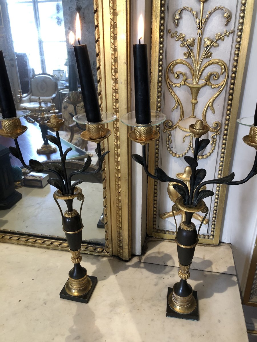 Pair Of Two-armed Bronze Candelabra With A Double Patina, Amphora-shaped-photo-4