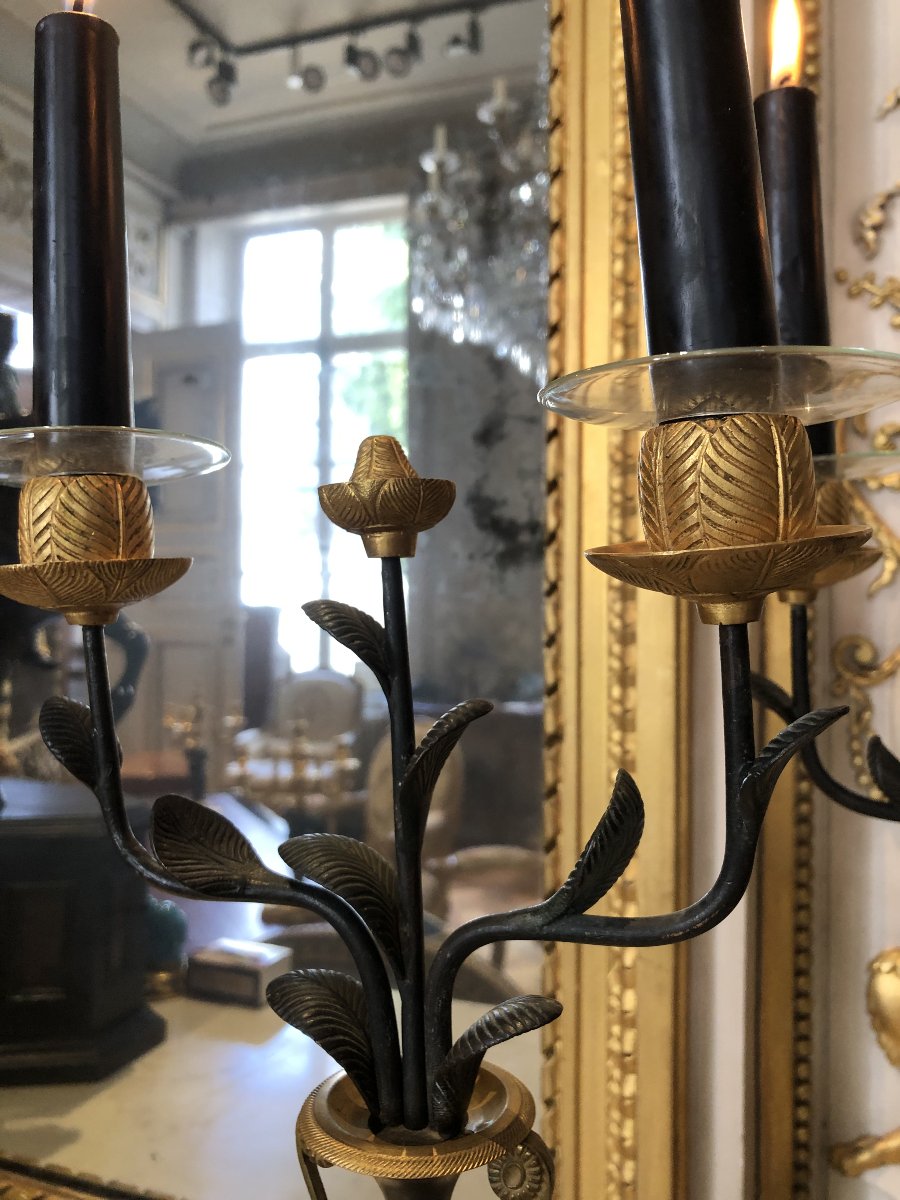 Pair Of Two-armed Bronze Candelabra With A Double Patina, Amphora-shaped-photo-5
