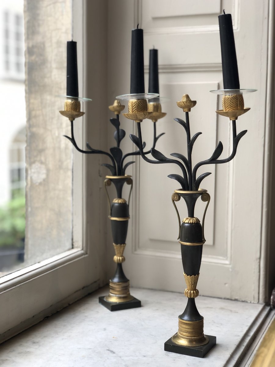Pair Of Two-armed Bronze Candelabra With A Double Patina, Amphora-shaped