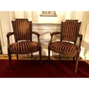 Paire de cabriolets Louis XVI tissu rayé bois naturel