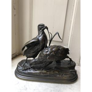 Bronze animalier duo de perdrix dans les hautes herbes, Jules Moigniez (1835-1894)