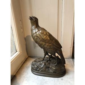 Bronze Animal Sculpture Of A Partridge With Its Beak Open, By Alfred Dubucand (1828–1894)