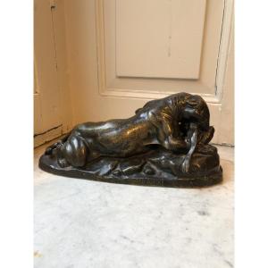 Antoine-louis Barye (1795–1875), Bronze Animal Sculpture Depicting A Leopard And A Hare