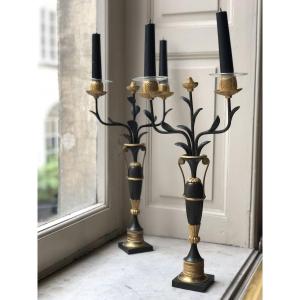 Pair Of Two-armed Bronze Candelabra With A Double Patina, Amphora-shaped