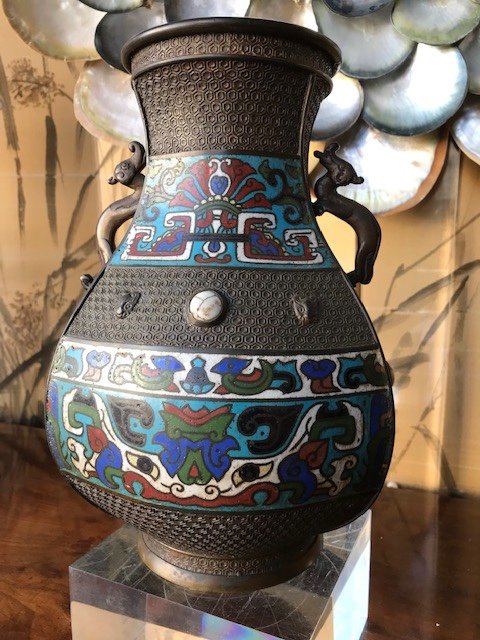 Vase En Bronze Avec émaux Cloisonnés Et Cabochons. Japon XIX Siècle-photo-2