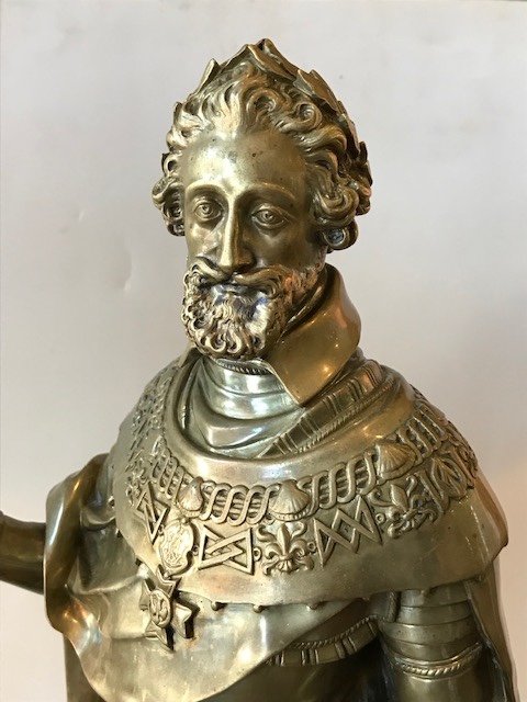 Rare Statue Du Roi Henri IV En Bronze à Patine Cuivrée du XIXeme Siècle-photo-3