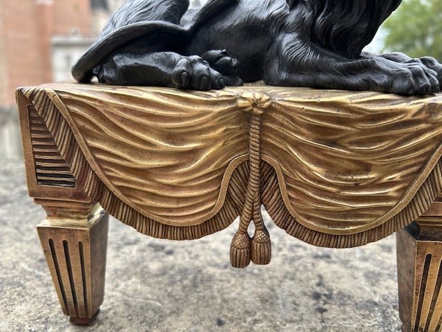 Pair Of Bronze Andirons Called Au'lions, Empire Period.-photo-1