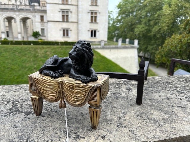 Pair Of Bronze Andirons Called Au'lions, Empire Period.-photo-4