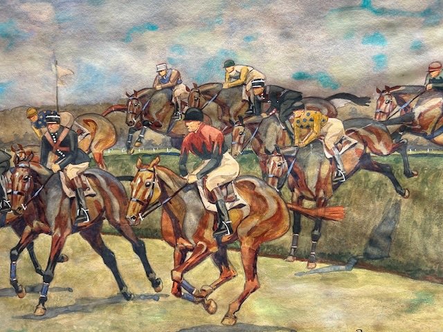 Watercolor By Eugène Blocaille (1875-1945) "steeple Chase Cross Country At Pau In 1947.-photo-3