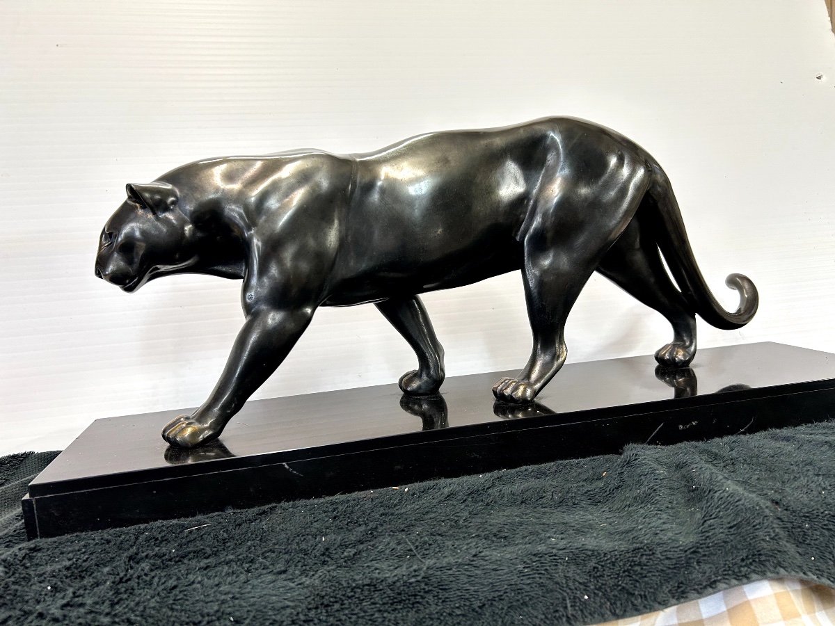 Grande Panthère Noire, Sculpture Animalière  en Bronze , époque Art Déco-photo-2