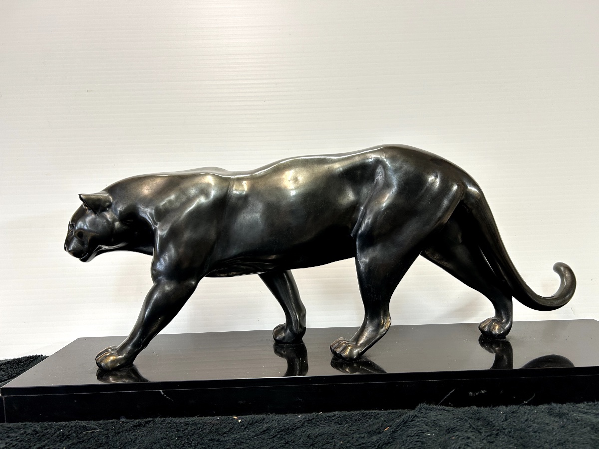 Grande Panthère Noire, Sculpture Animalière  en Bronze , époque Art Déco-photo-2