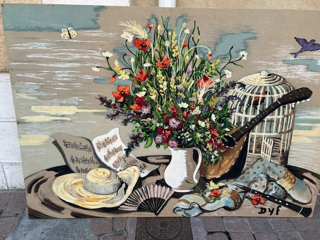 Large Painted Canvas "printing And Tempera" Bouquet Of Flowers By Marcel Dyf -1899/1985-