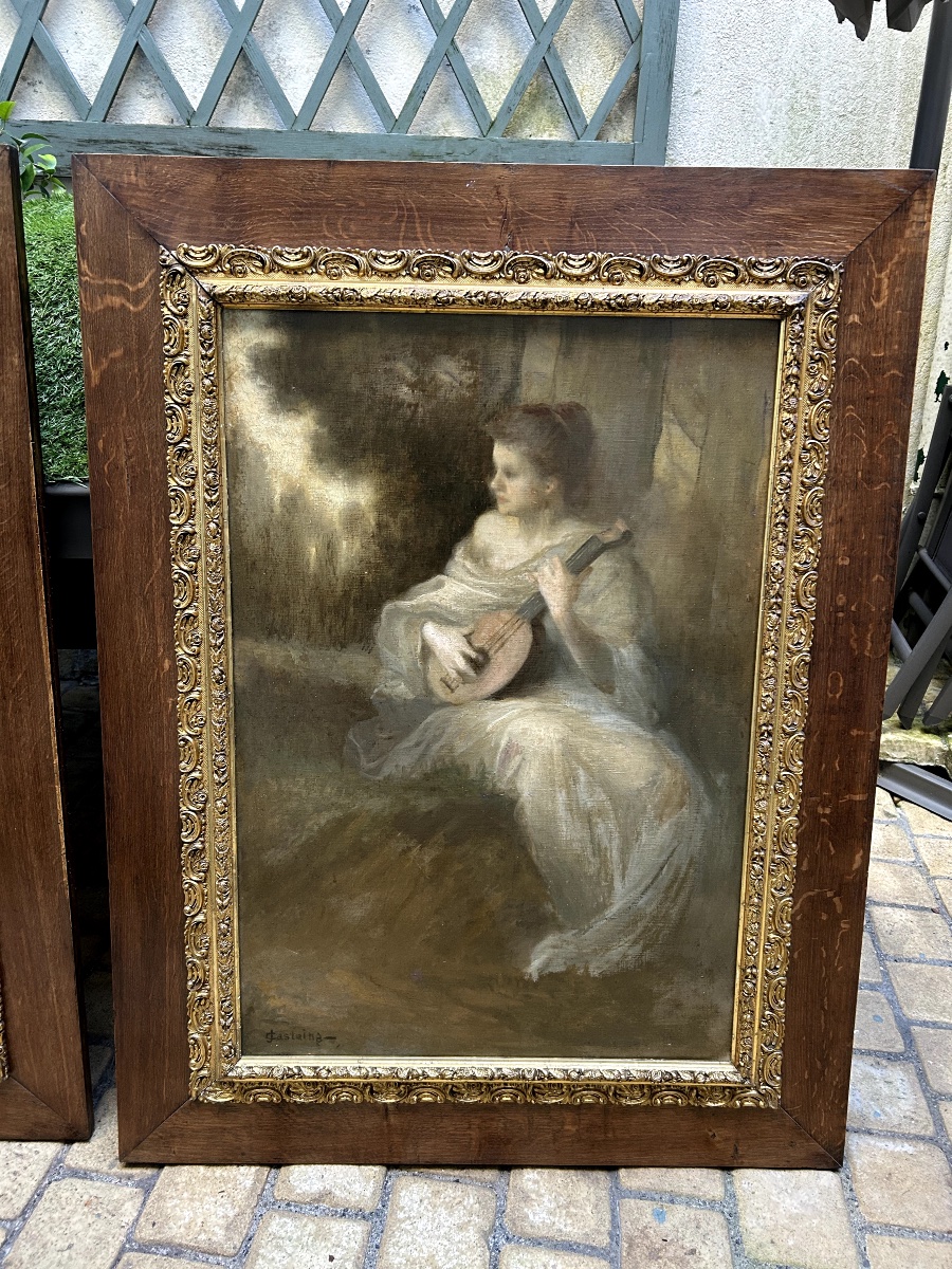 Pair Of Large Paintings By Joseph Castaing (1860-1918) Allegory Of "music And Theatre"-photo-3