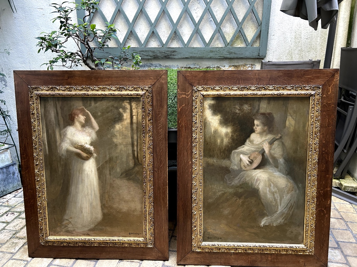 Pair Of Large Paintings By Joseph Castaing (1860-1918) Allegory Of "music And Theatre"-photo-1